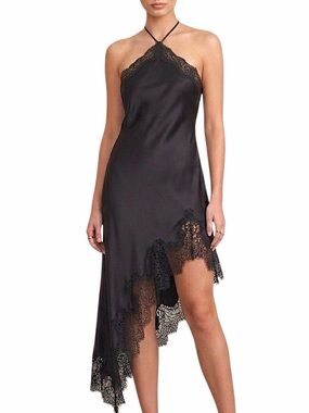 REVOLVE Camila Coehlo black satin lace asymmetrical hem minimalist slip dress M